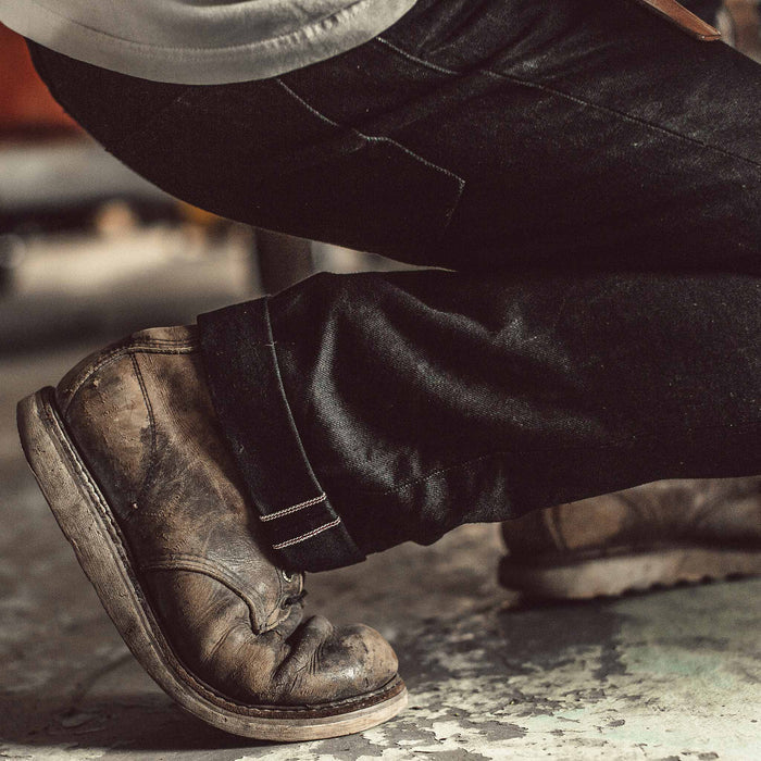 Our fit model wearing The Democratic Jean in Kuroki Mills Black Selvage.