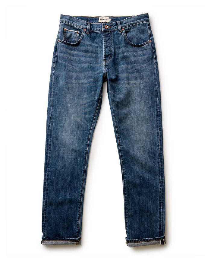 material shot of the collar on The Democratic Jean in Mid Wash Organic Selvedge