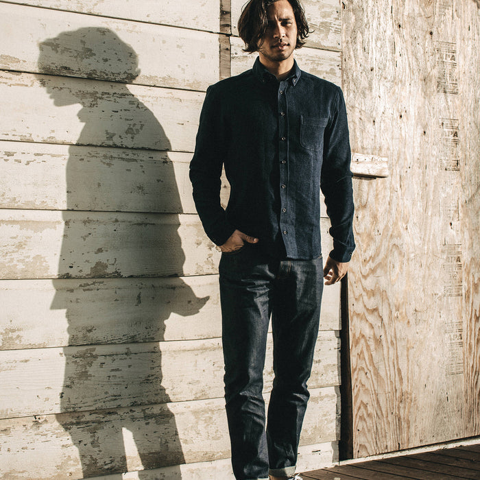 Our fit model wearing The Democratic Jean in Organic '68 Selvage.