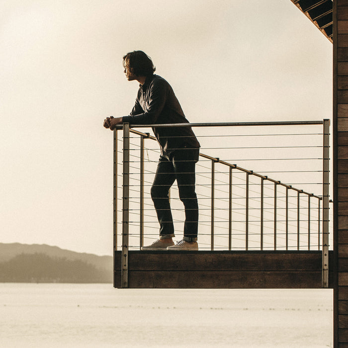 Our fit model wearing The Democratic Jean in Organic '68 Selvage.