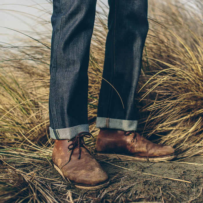 Our fit model wearing The Democratic Jean in Organic '68 Selvage.