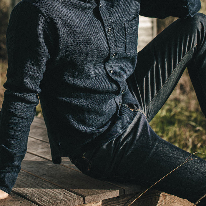 Our fit model wearing The Democratic Jean in Organic '68 Selvage.