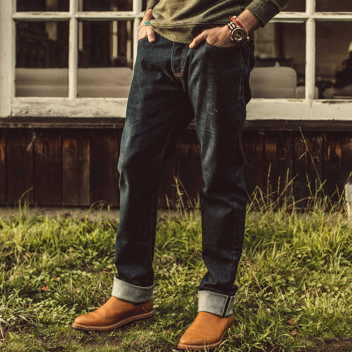 Our fit model wearing The Democratic Jean in Organic Stretch Selvage.