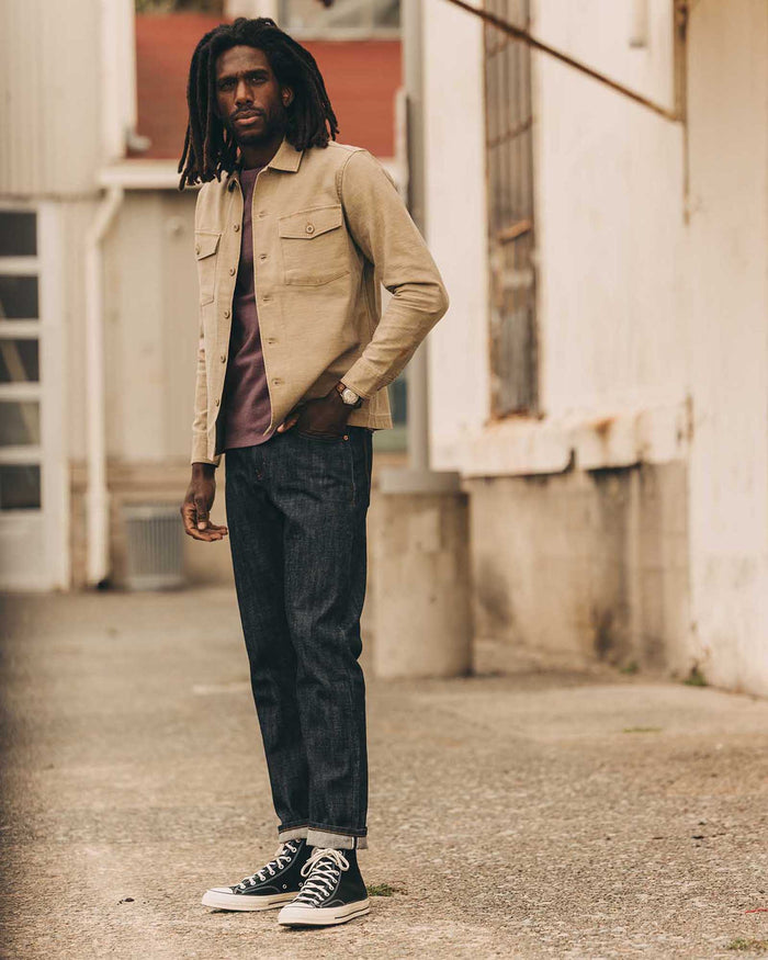 fit model posing in The Democratic Jean in Rigid Organic Selvedge