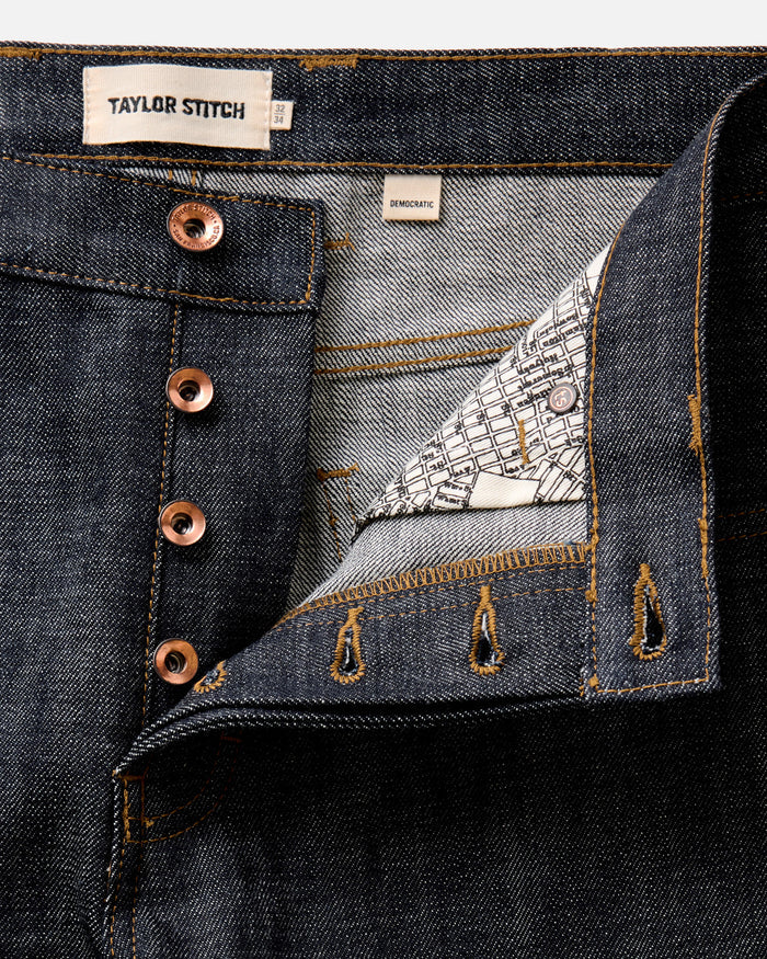 material shot of the waistband on The Democratic Jean in Rigid Organic Selvedge