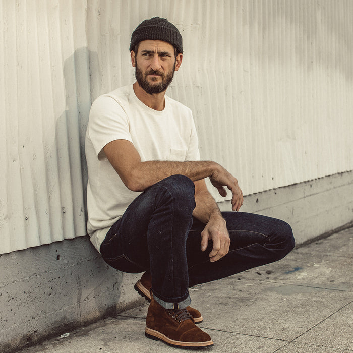 Our fit model wearing The Democratic Jean in Linen Denim.