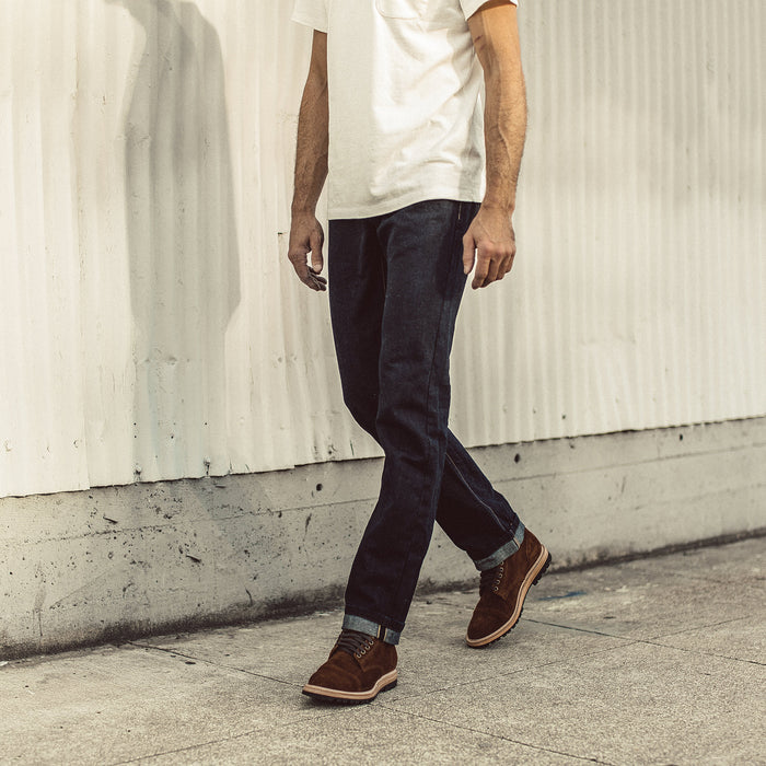 Our fit model wearing The Democratic Jean in Linen Denim.
