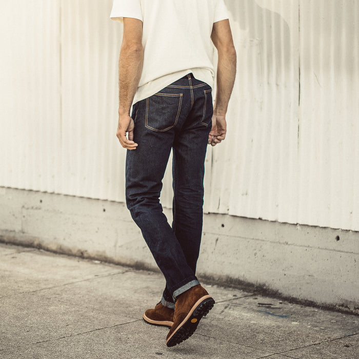Our fit model wearing The Democratic Jean in Linen Denim.
