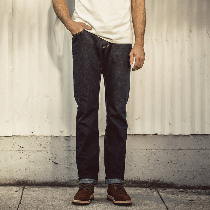 Our fit model wearing The Democratic Jean in Linen Denim.
