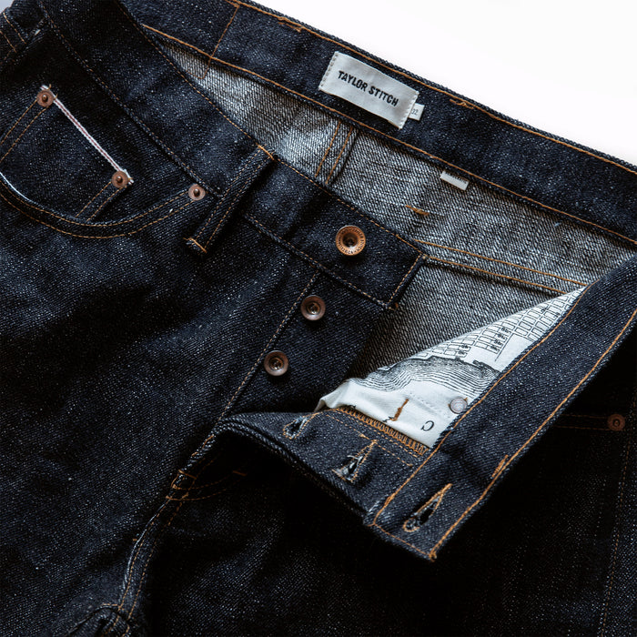 material shot of button fly on The Democratic Jean in Umeda Selvage