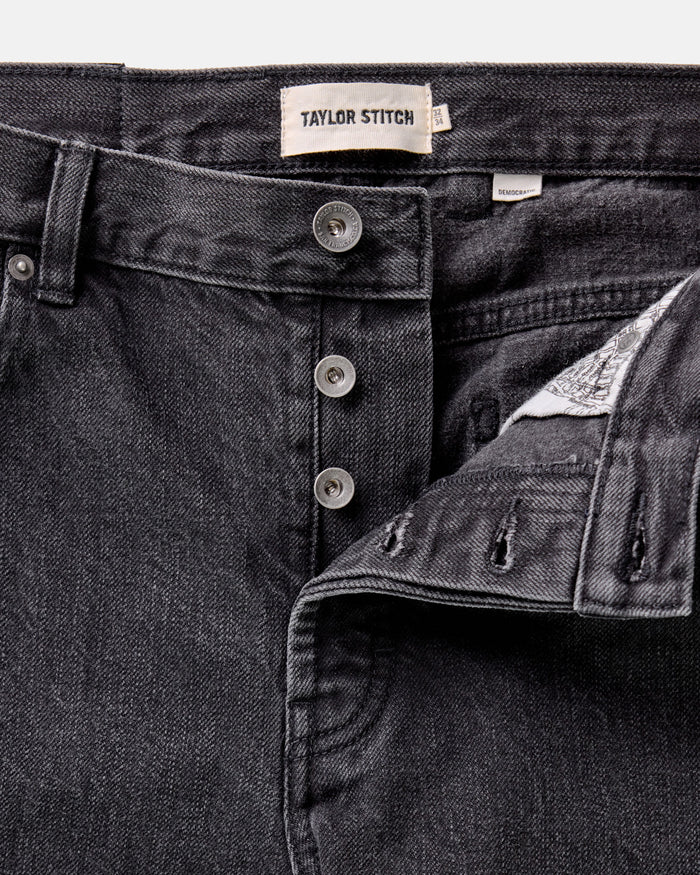 material shot of the button fly on The Democratic Jean in Washed Black Organic Slub Selvedge