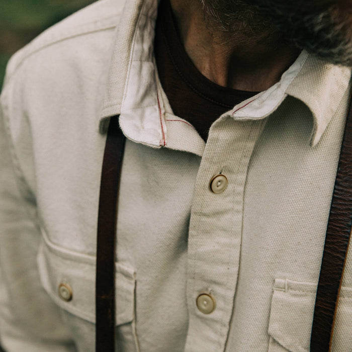 fit model wearing The Division Shirt in Natural Selvage