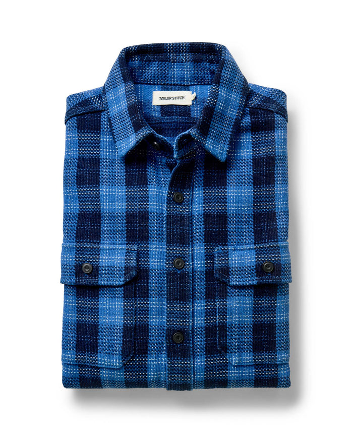 folded flatlay of The Division Shirt in Rinsed Indigo Plaid