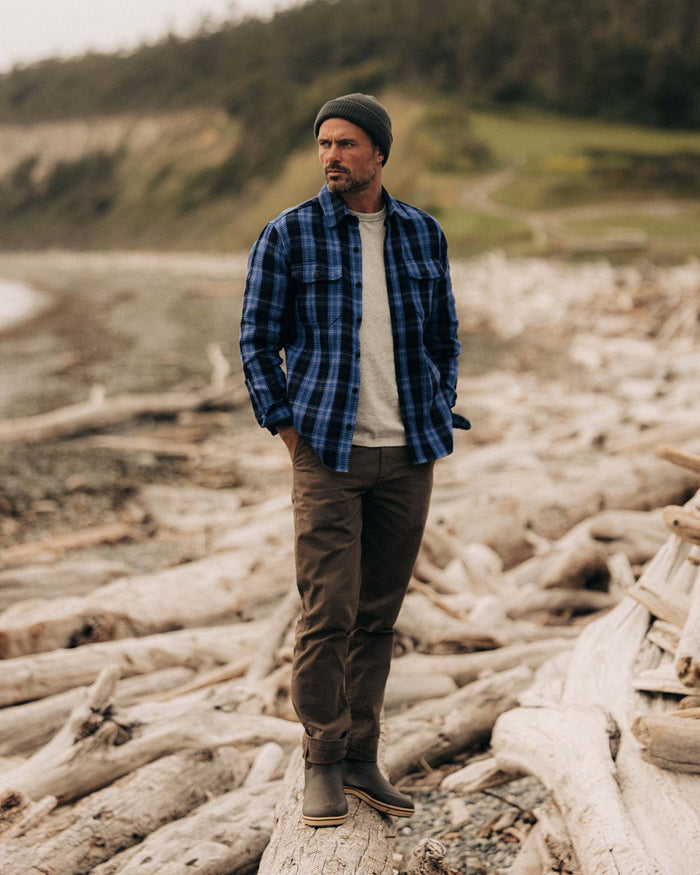 fit model posing in The Division Shirt in Rinsed Indigo Plaid