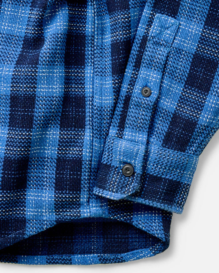 material shot of the collar on The Division Shirt in Rinsed Indigo Plaid