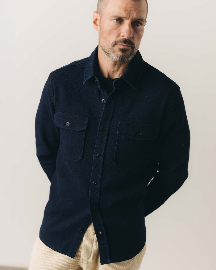 fit model posing in The Division Shirt in Rinsed Indigo