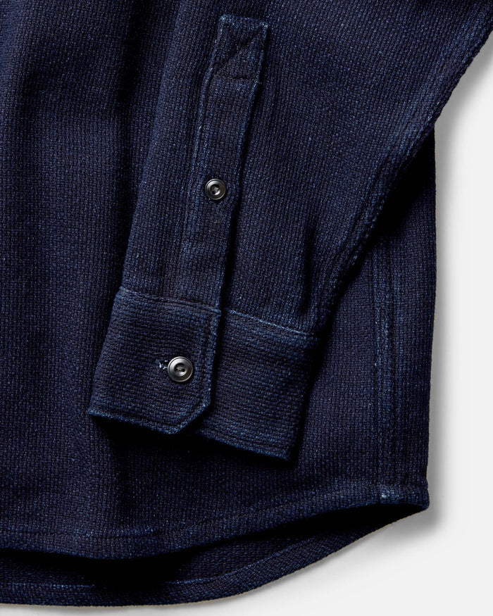 material shot of the collar on The Division Shirt in Rinsed Indigo