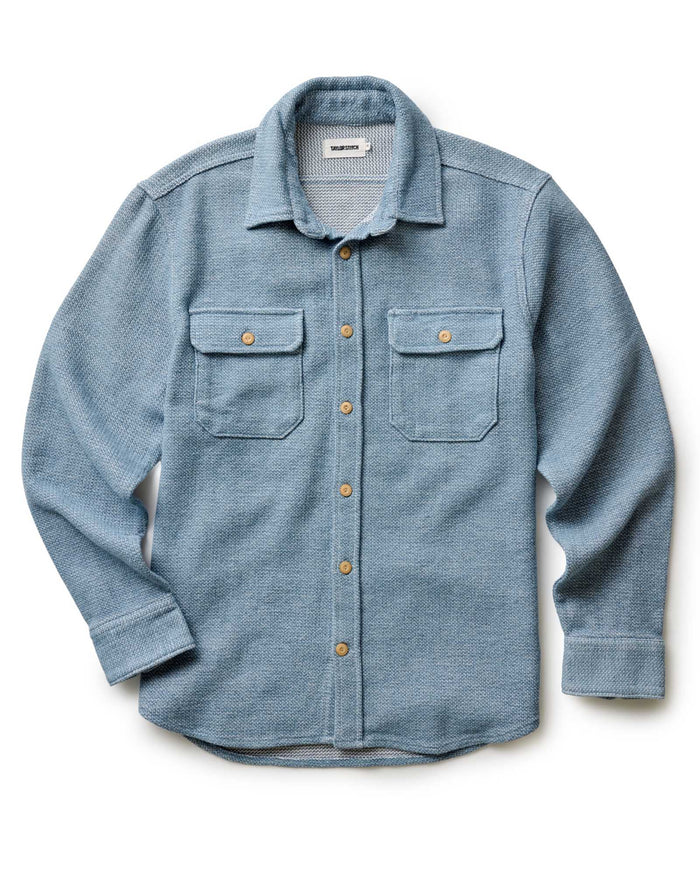 fit model walking in The Division Shirt in Washed Indigo
