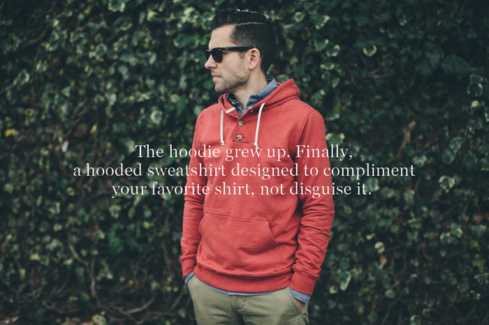 editorial panel: The Dusty Red Three Button Hooded Sweatshirt