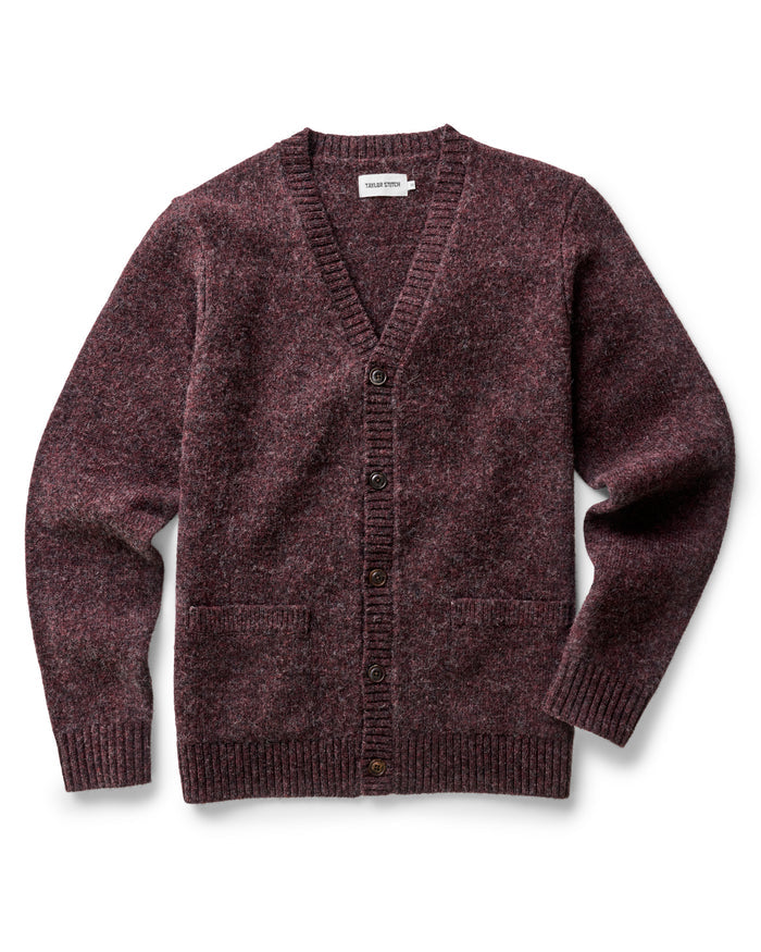 flatlay of The Eastmoor Cardigan in Heather Port Wool