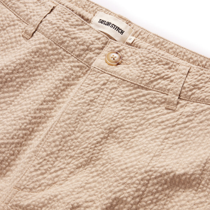 material shot of the button fly on The Easy Pant in Heather Oat Seersucker
