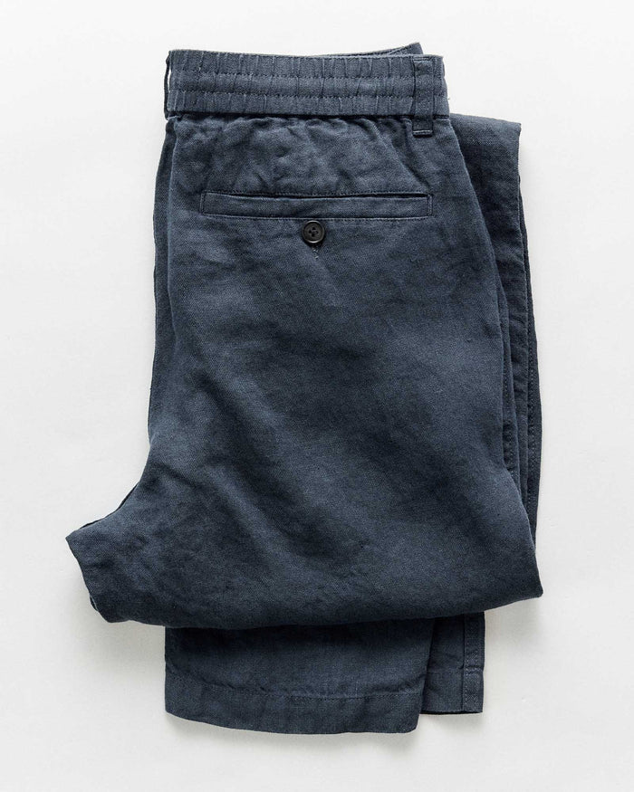 folded flatlay of the back of The Easy Pant in Navy Linen