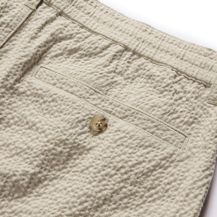 material shot of the rear pocket on The Easy Short in Heather Eucalyptus Seersucker