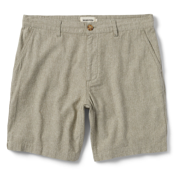 flatlay of The Easy Short in Olive Herringbone