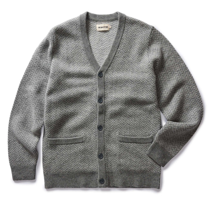 flatlay of The Eddy Cardigan in Ash Herringbone Merino