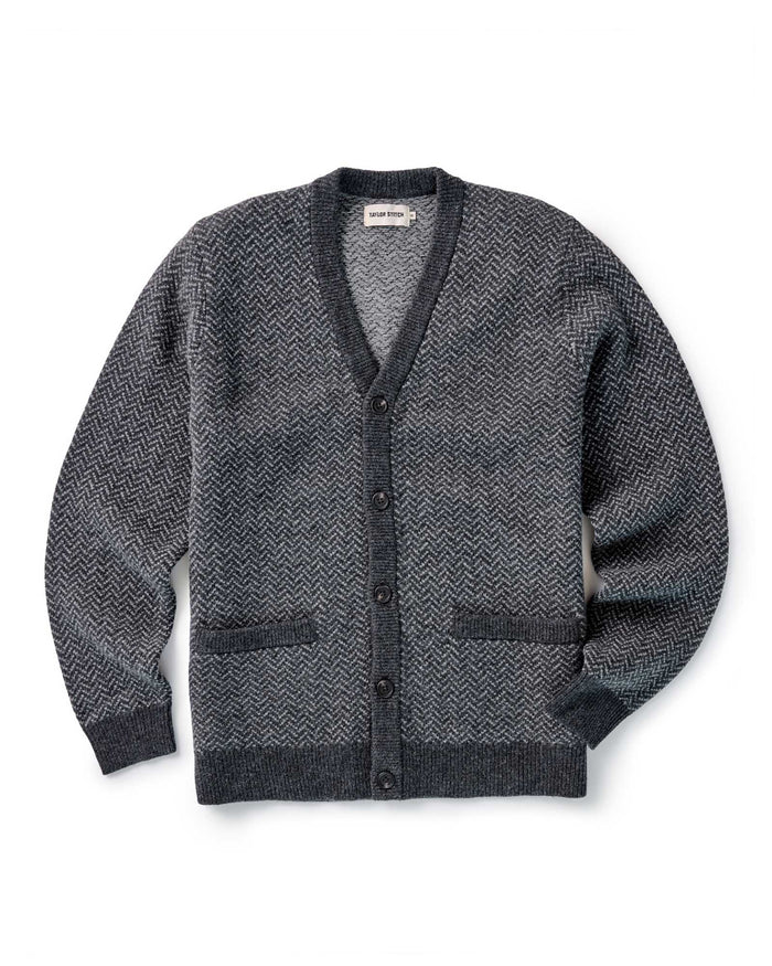 flatlay of The Eddy Cardigan in Heather Charcoal Herringbone