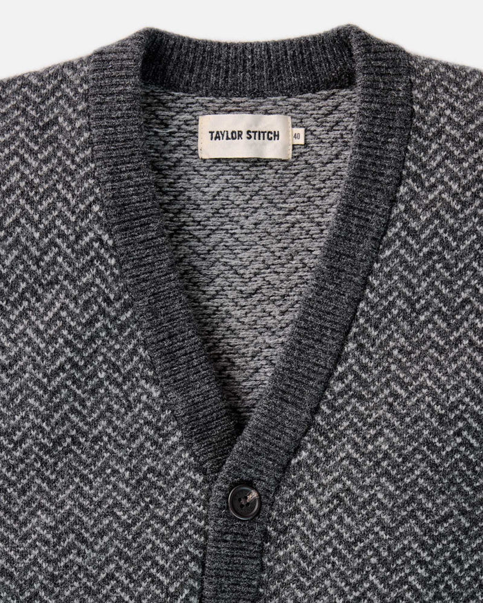 material shot of the collar on The Eddy Cardigan in Heather Charcoal Herringbone
