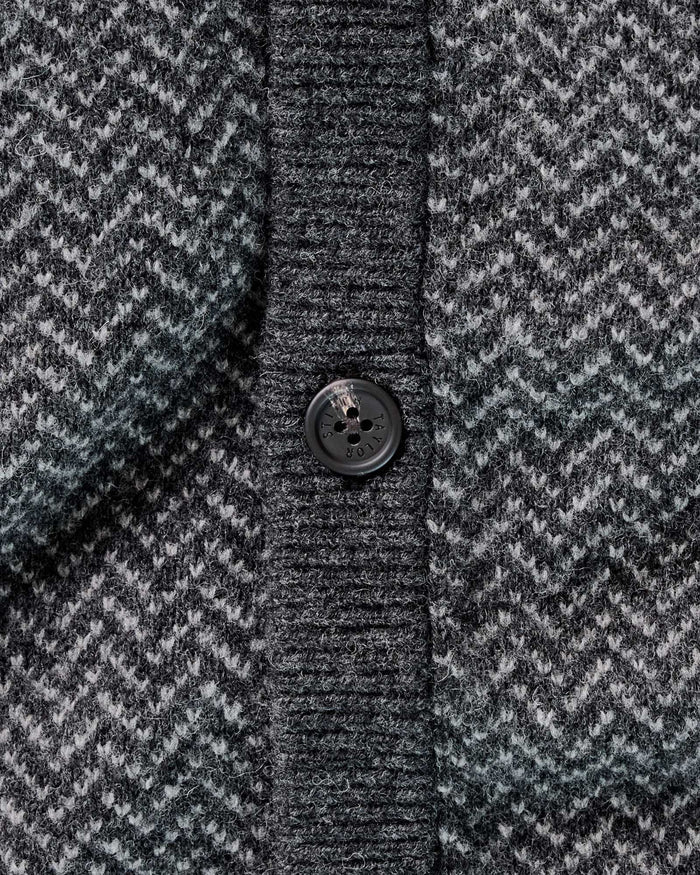 material shot of the buttons on The Eddy Cardigan in Heather Charcoal Herringbone