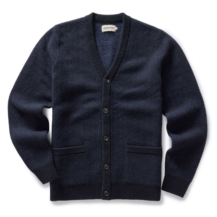 flatlay of The Eddy Cardigan in Heather Marine Herringbone