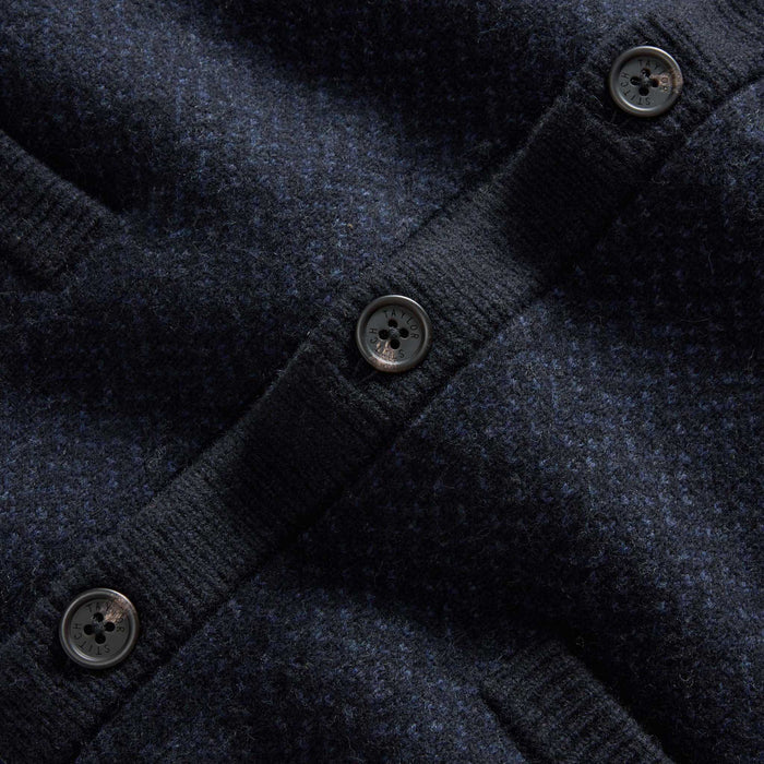 material shot of the buttons on The Eddy Cardigan in Heather Marine Herringbone