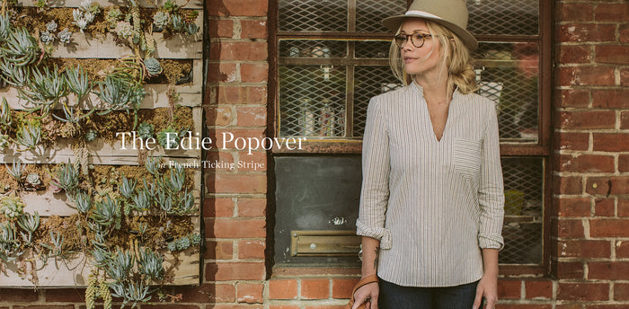 The Edie Popover in French Ticking Stripe workshop header