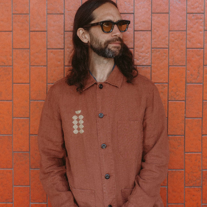 fit model in The Embroidered Ojai in Dried Guajillo Hemp