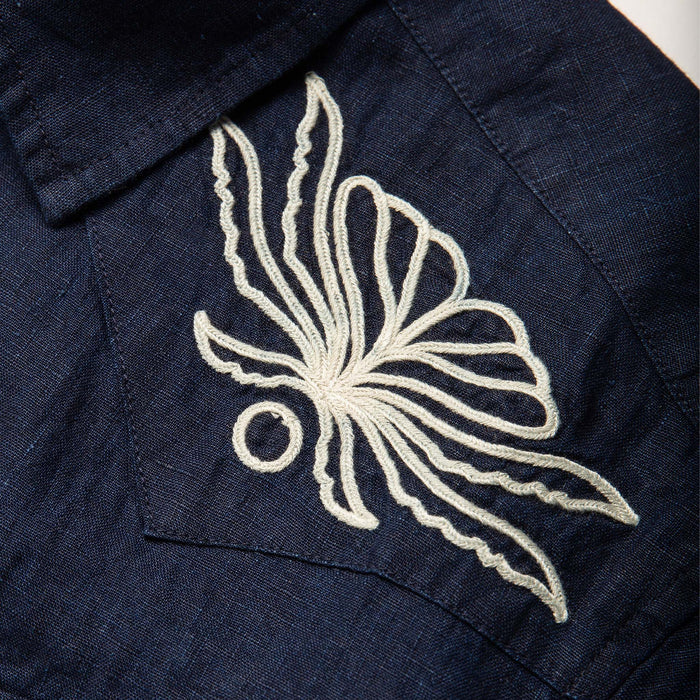 material shot of the embroidered yokes on The Embroidered Short Sleeve Western in Indigo Linen