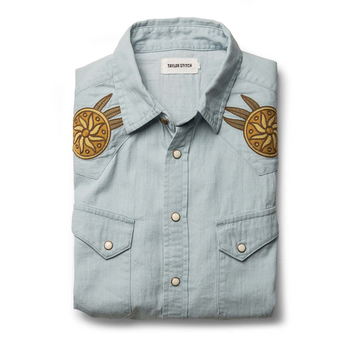 flatlay of The Embroidered Western Shirt in Washed Selvage