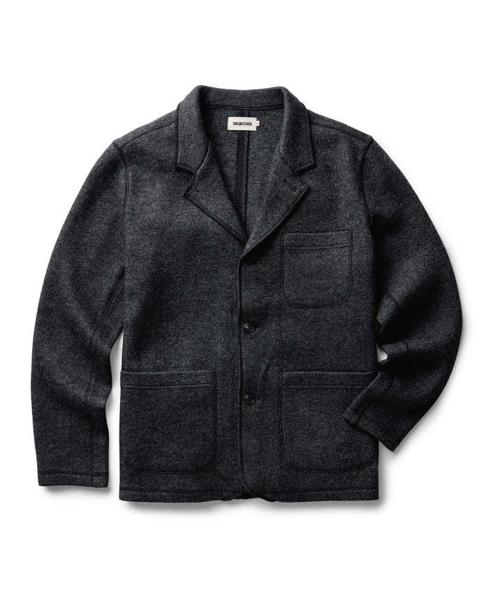 flatlay of The Ridgewood Cardigan in Charcoal Birdseye Wool