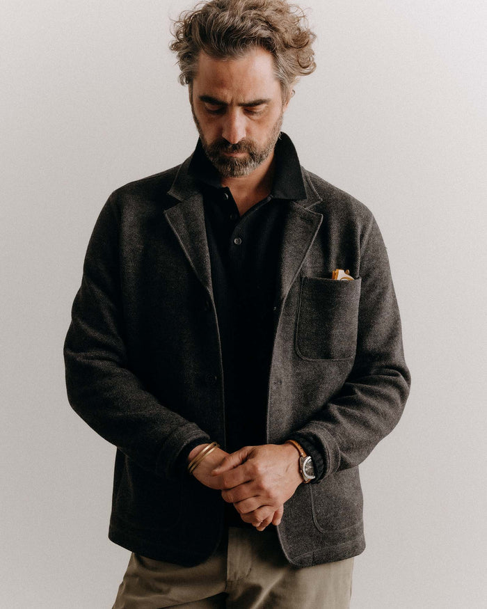 fit model in The Ridgewood Cardigan in Charcoal Birdseye Wool