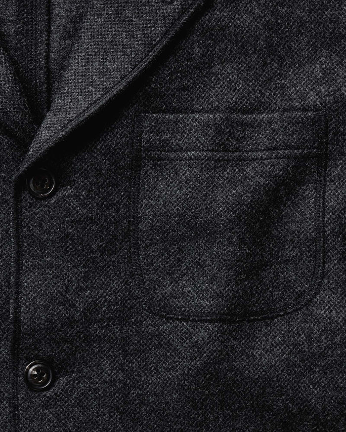 material shot of the lapel on The Ridgewood Cardigan in Charcoal Birdseye Wool
