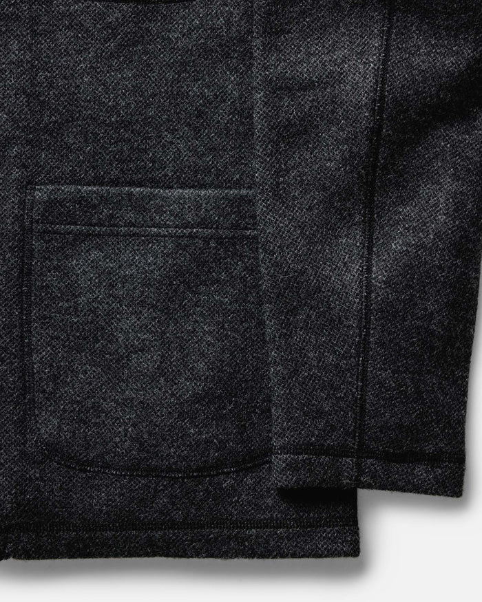 material shot of the collar on The Ridgewood Cardigan in Charcoal Birdseye Wool