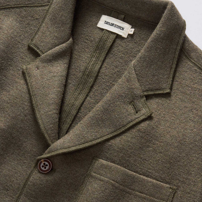 material shot of the collar on The Evans Blazer in Forest Birdseye Wool