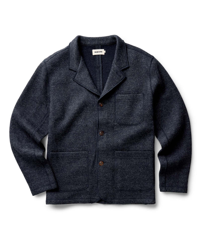 flatlay of The Ridgewood Cardigan in Navy Birdseye Wool