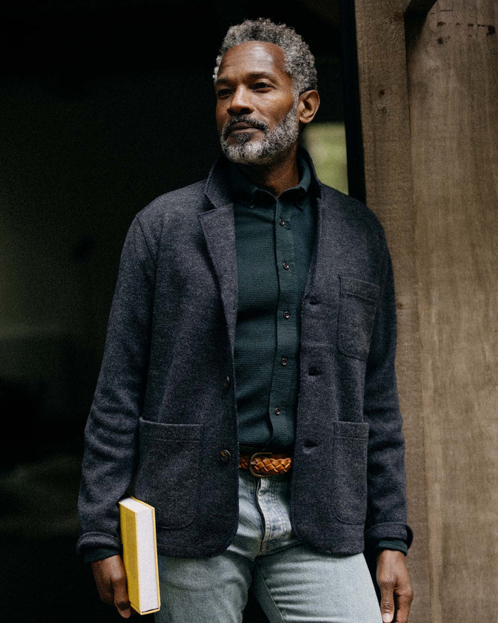 fit model in The Ridgewood Cardigan in Navy Birdseye Wool
