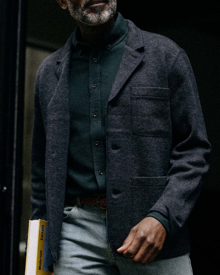 fit model wearing The Ridgewood Cardigan in Navy Birdseye Wool