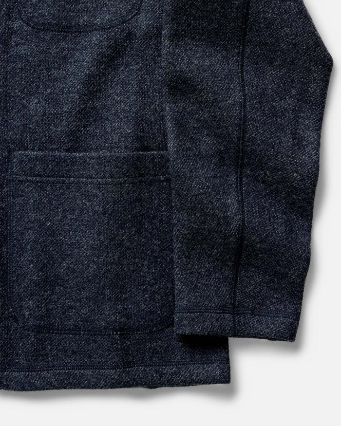 material shot of the collar on The Ridgewood Cardigan in Navy Birdseye Wool