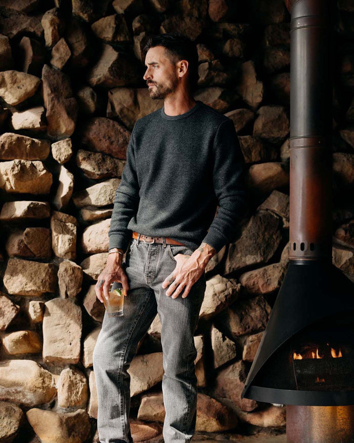 fit model in The Evans Crew in Charcoal Birdseye Wool