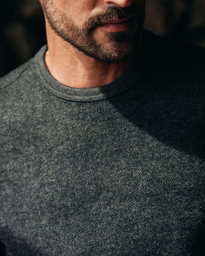 fit model showing the front of The Evans Crew in Charcoal Birdseye Wool