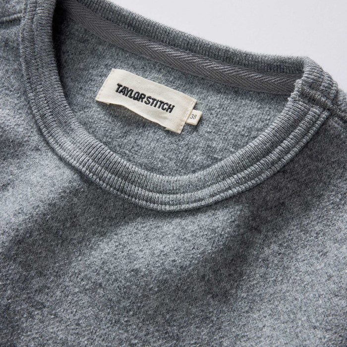 material shot of the collar on The Evans Crew in Dark Ash Birdseye Wool